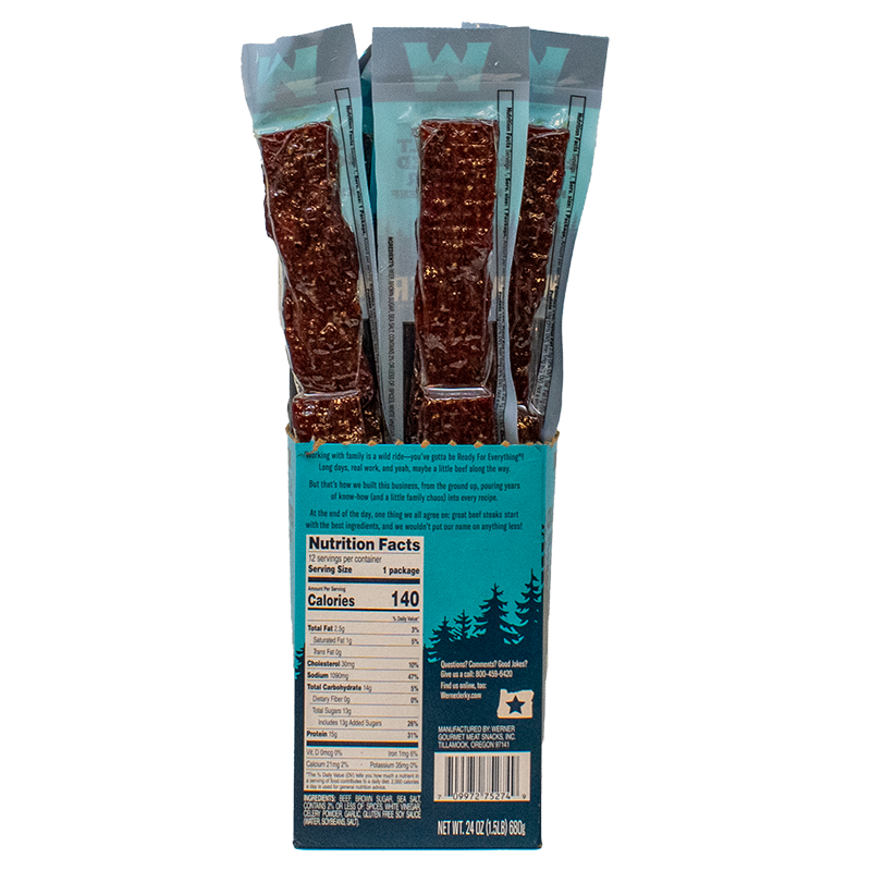 Packaged Werner beef steaks with visible branding and nutritional information on a white background