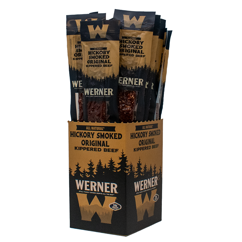 Display of Werner Hickory Smoked Original Kippered Beef packages on a white background