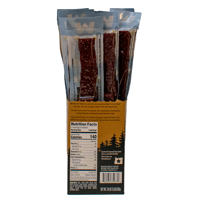Packaged beef jerky sticks with a visible nutrition label on a white background