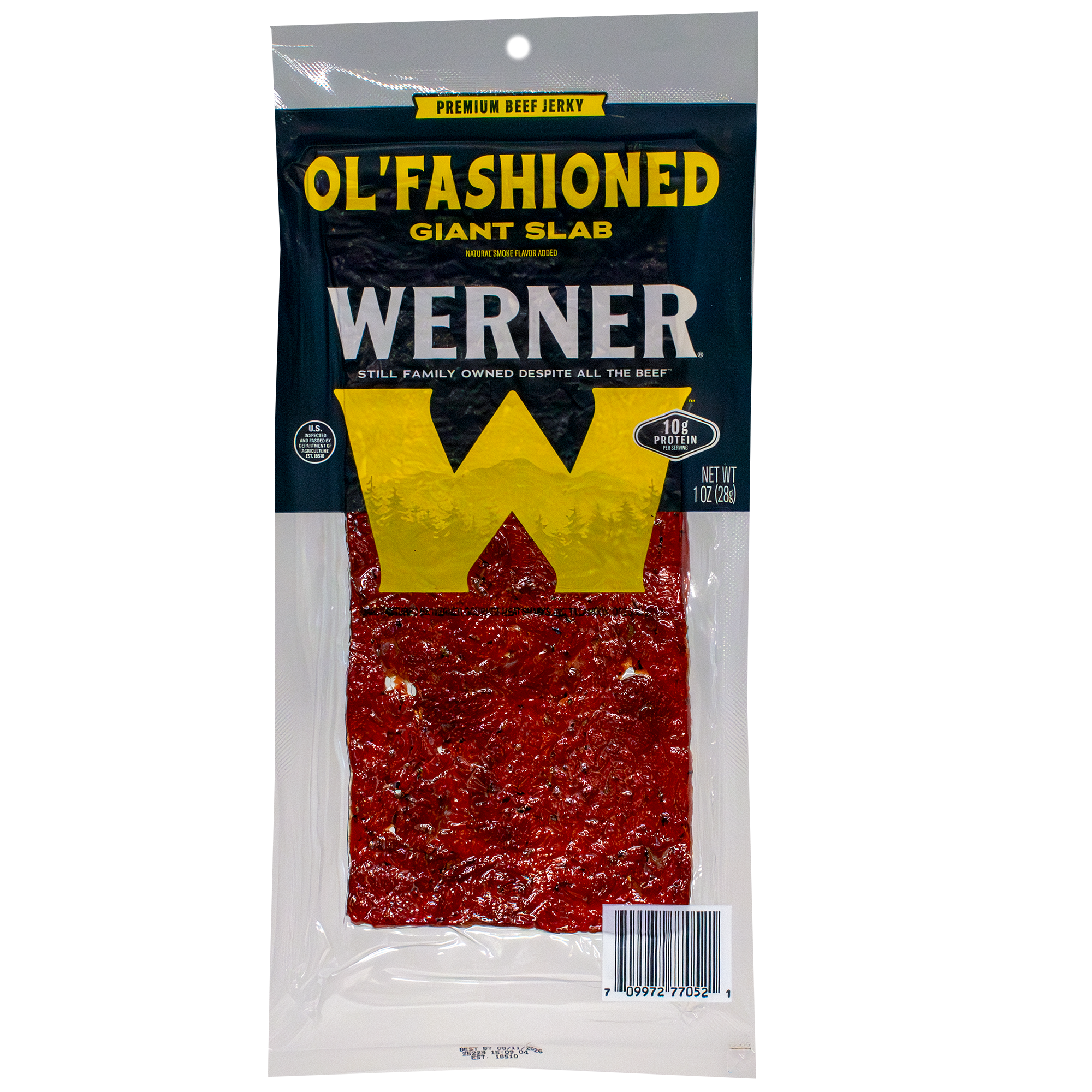 Packaged beef jerky with 'Ol' Fashioned Giant Slab Werner' branding on a white background