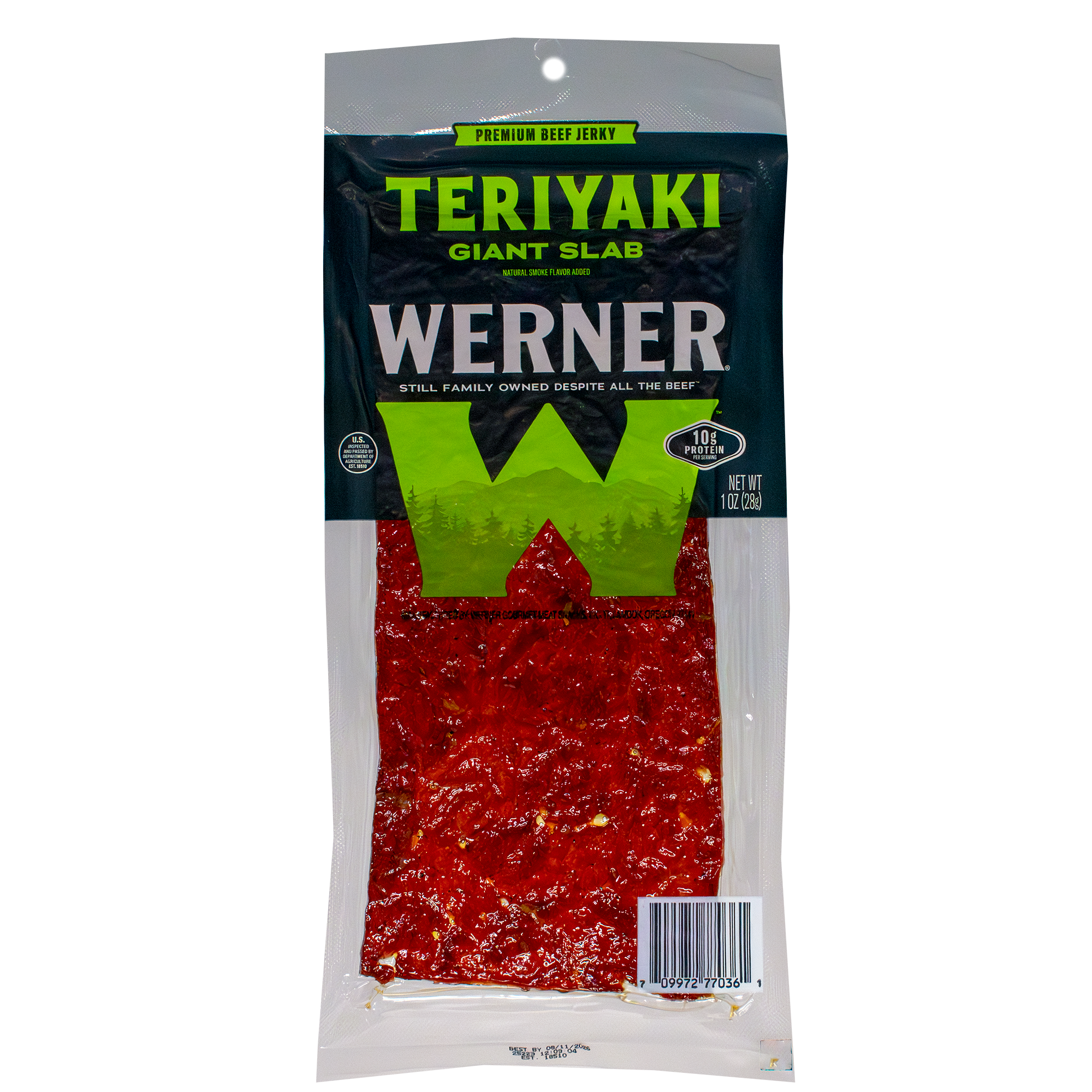 Werner Teriyaki Giant Slab beef jerky package on a white background