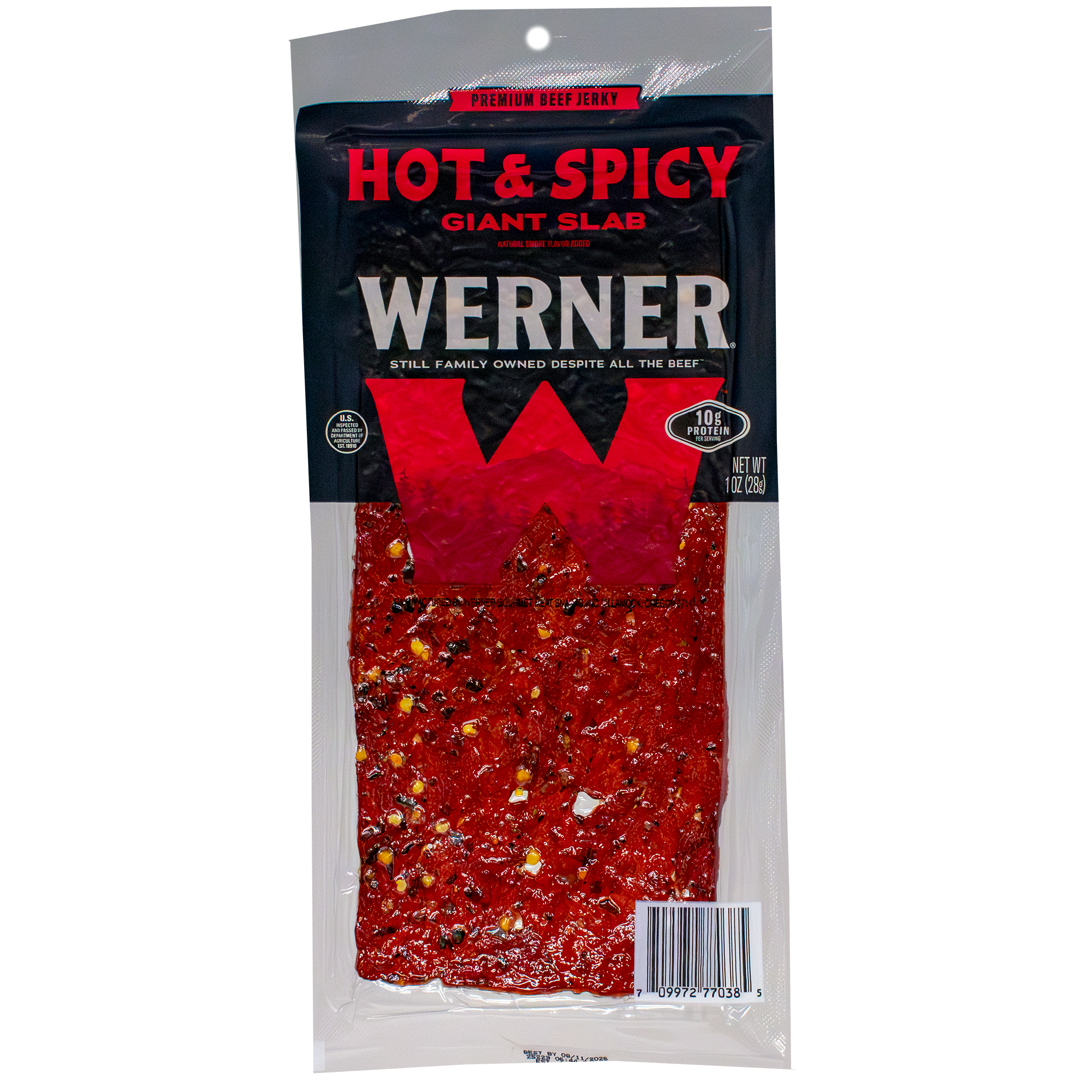 Packaged hot and spicy beef slab with Werner branding on a white background