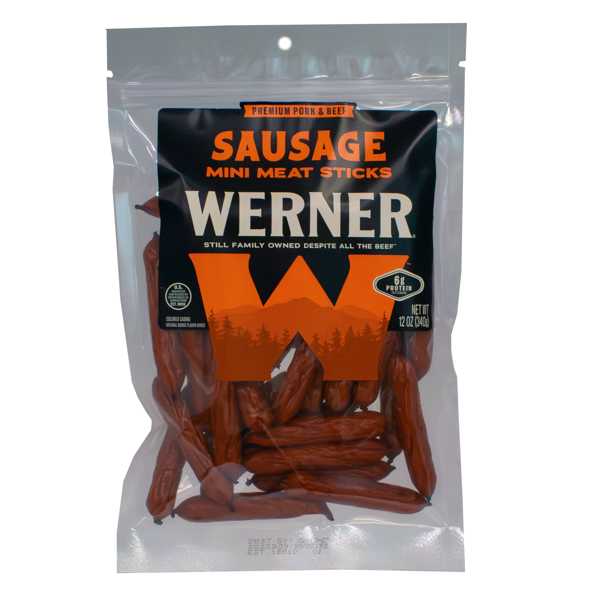 Packaged sausage mini meat sticks with Werner branding on a white background