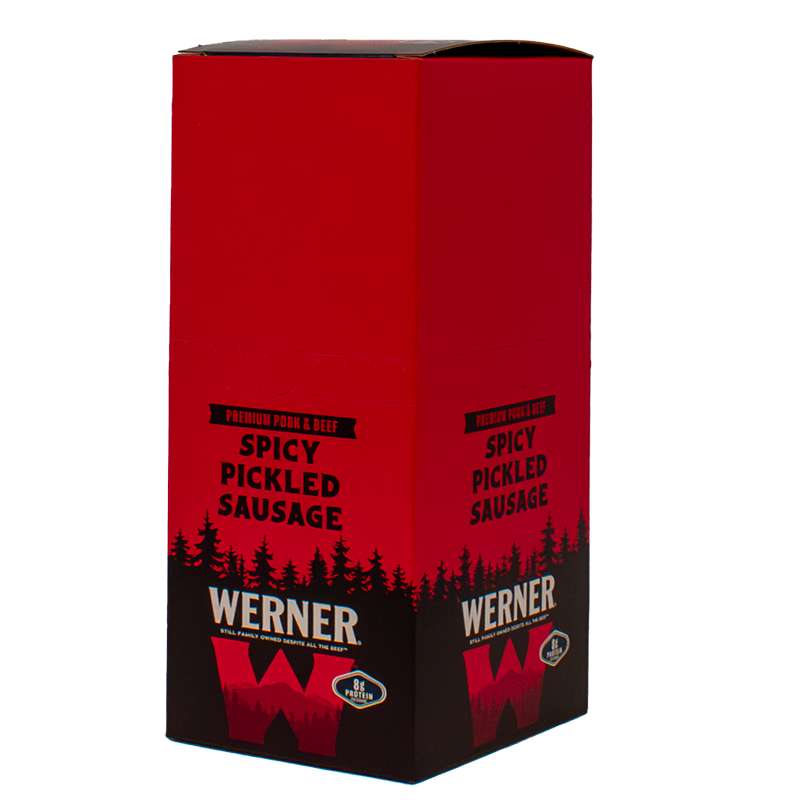 Red packaging box for Werner Spicy Pickled Sausage with black text and logo.