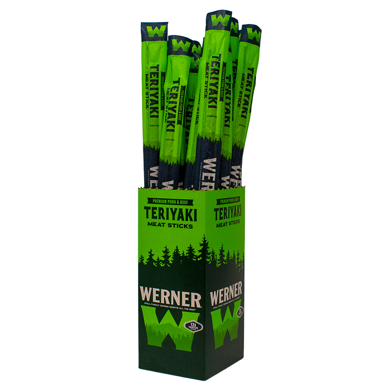 Display of Werner Teriyaki Meat Sticks in green packaging on a white background