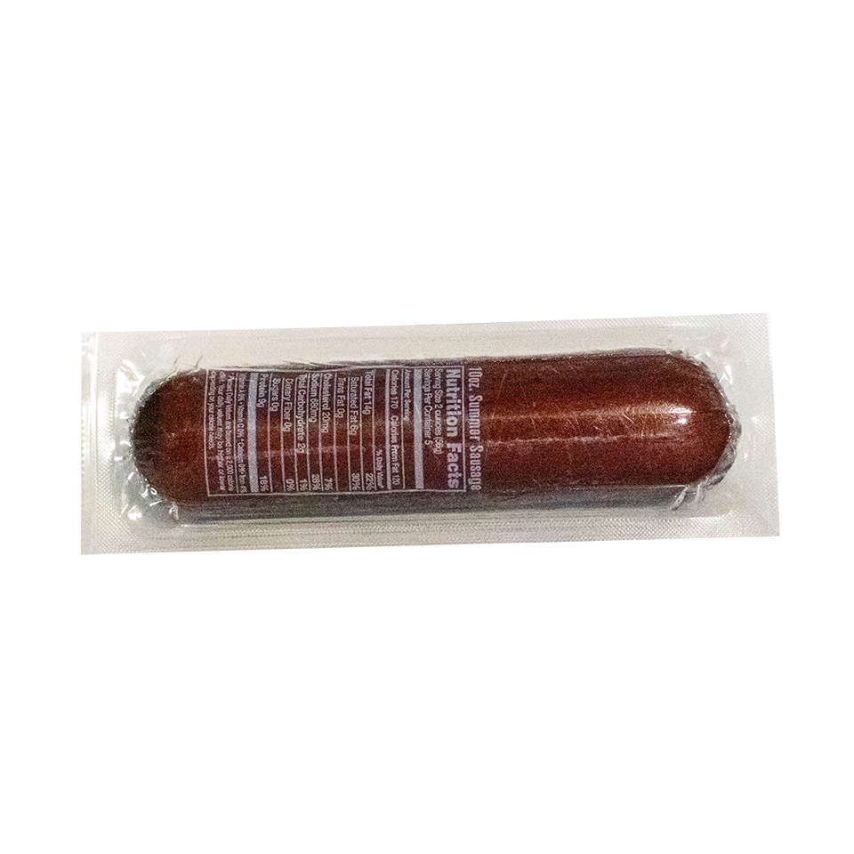 Packaged sausage with a label on a white background