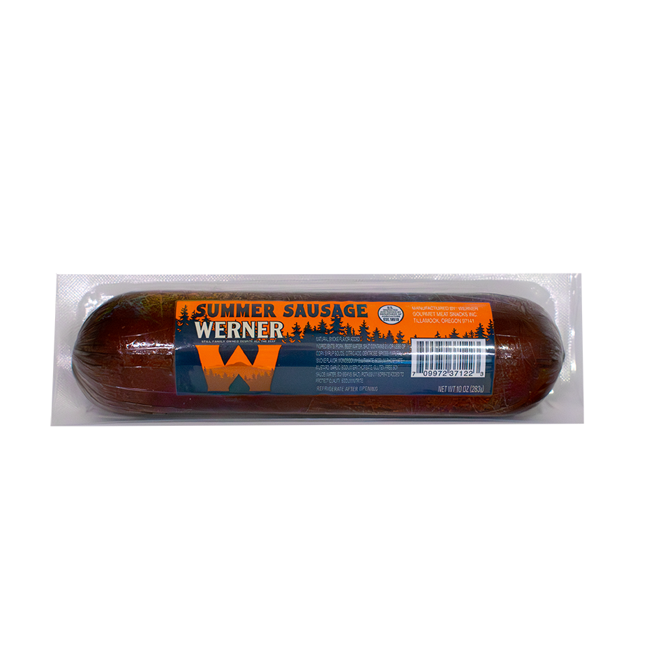 Packaged summer sausage with Werner brand label on a white background
