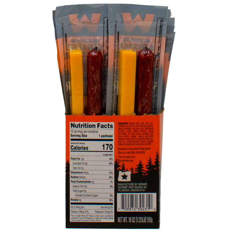 Packaged snack sticks with a label showing nutrition facts on a white background