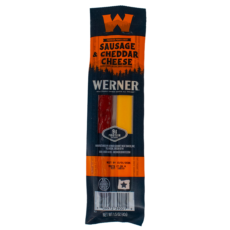 Werner sausage and cheddar cheese package on a white background