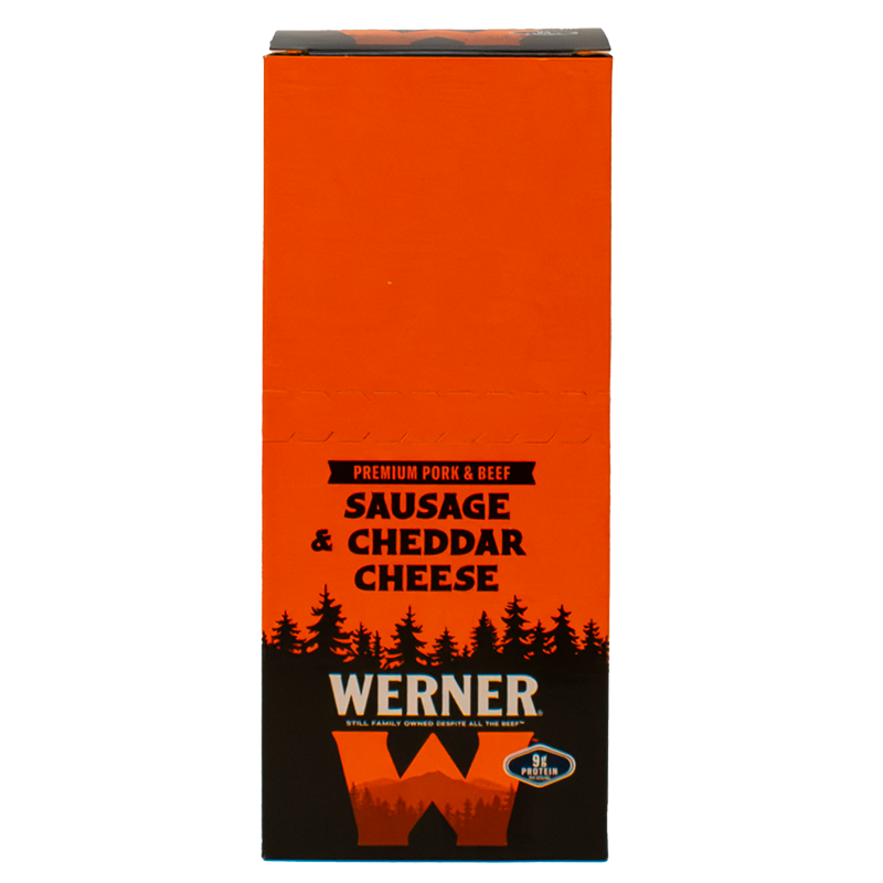 Orange packaging of Werner sausage with black text and forest design