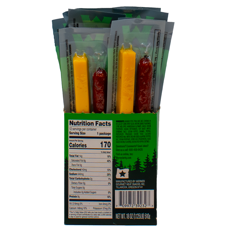 Packaged Werner sausage and cheese packs with nutritional information on a white background