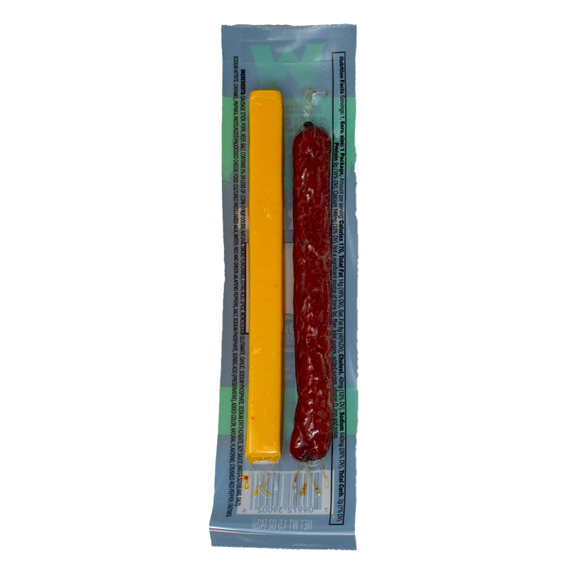 Werner sausage and cheese pack in a clear plastic packaging on a white background.