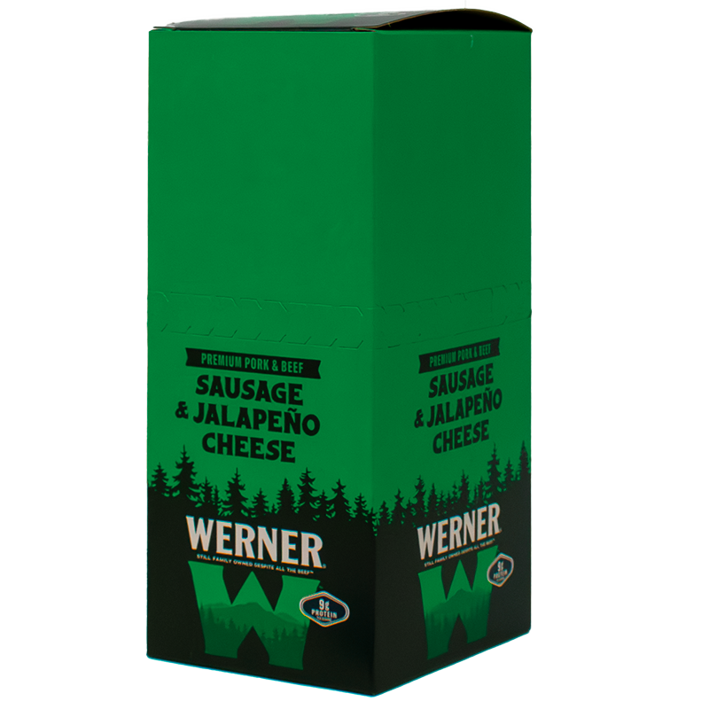 Green packaging box of Werner sausage with jalapeño cheese on a white background