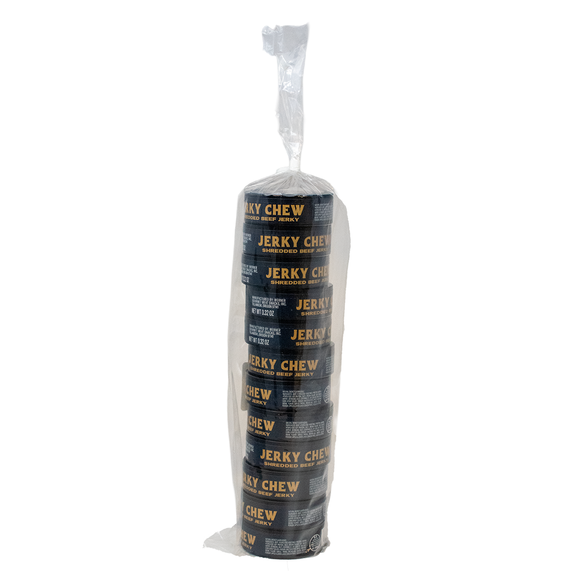 Packaged jerky chew product with clear wrapping on a white background