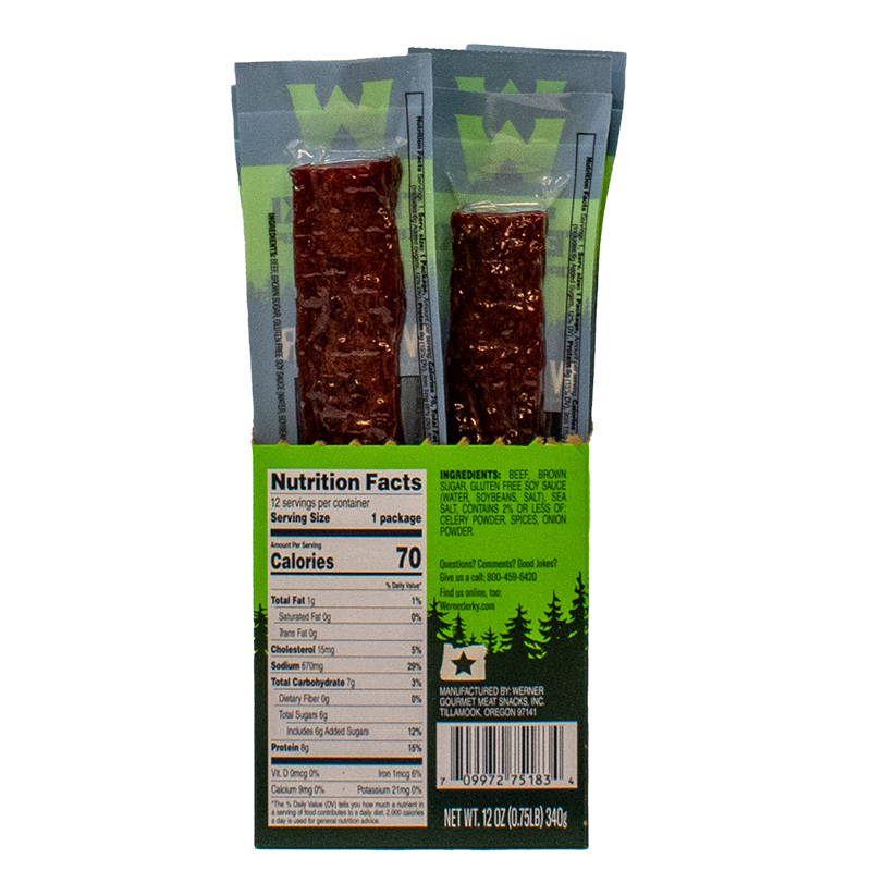 Packaged beef jerky sticks with nutrition facts label on a white background