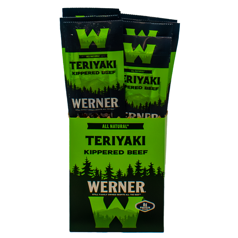Display of Werner Teriyaki Kippered Beef on a white background