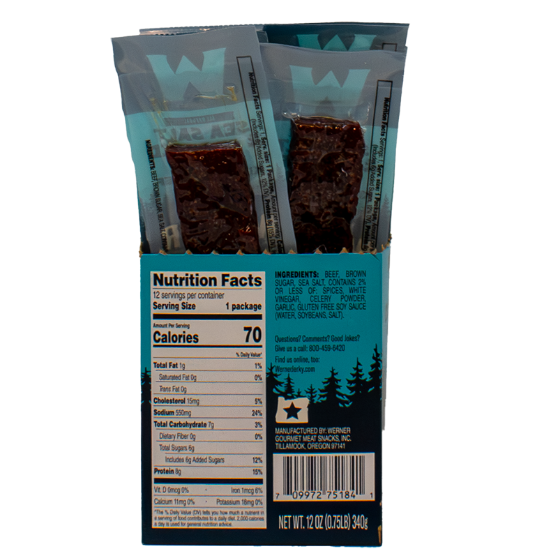 Packaged beef jerky with nutrition facts label on a white background