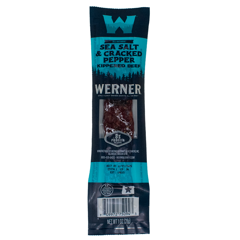 Werner Sea Salt & Cracked Pepper Kippered Beef package on a white background