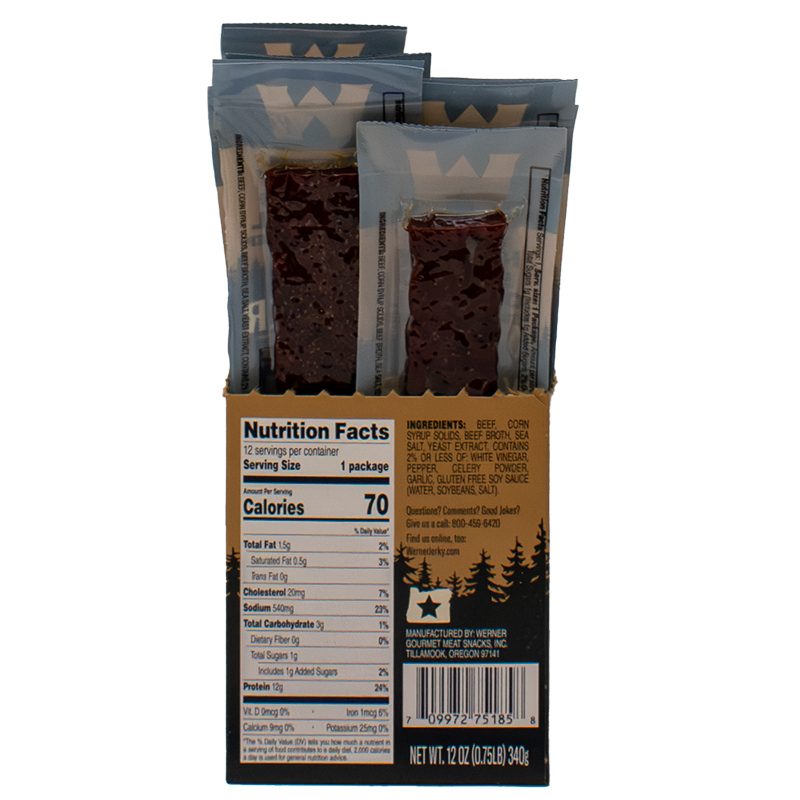 Packaged beef jerky with nutrition facts label on a white background