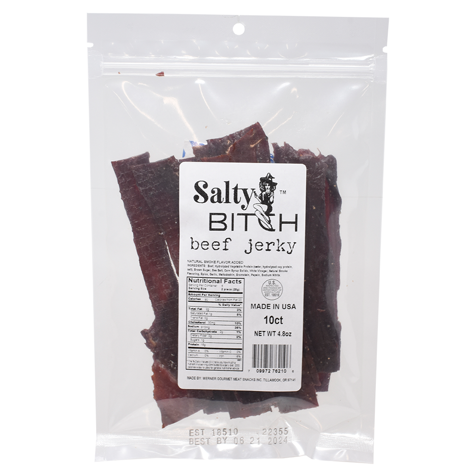 Packaging of Salty Bitch Beef Jerky showing the product in a clear plastic bag with a white label featuring the product name and brand.