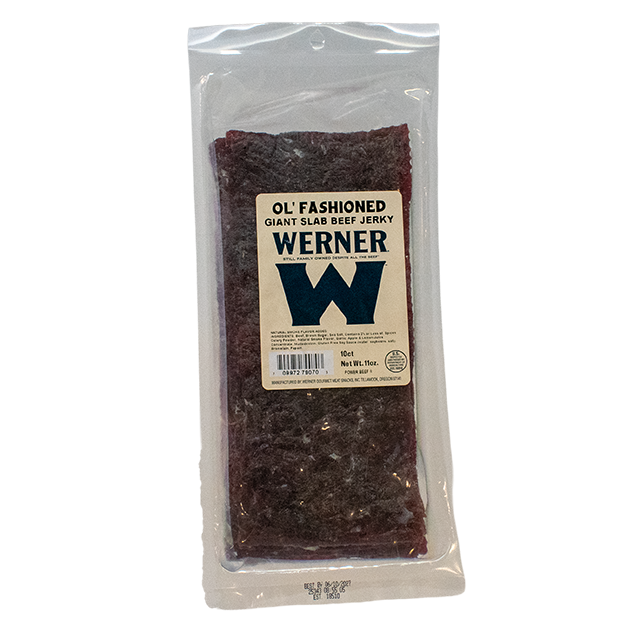 Packaged beef jerky with a label on a white background