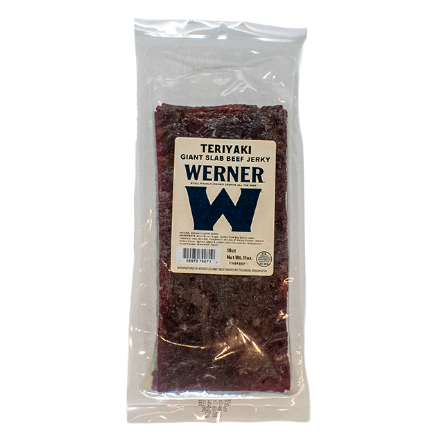 Packaged beef jerky with Werner brand label on a white background