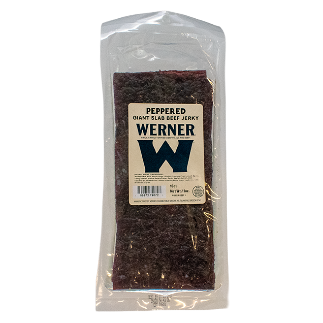 Packaged beef jerky with Werner brand label on a white background