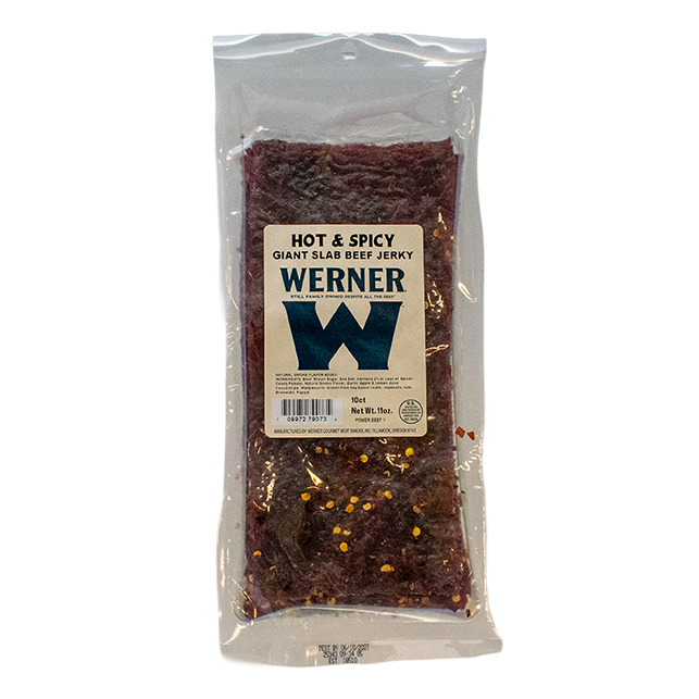 Packaged hot and spicy beef jerky with Werner brand label on a white background