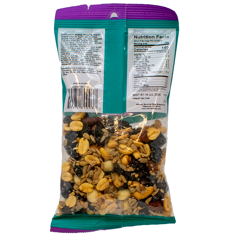 Packaged trail mix with visible nutrition label on a white background