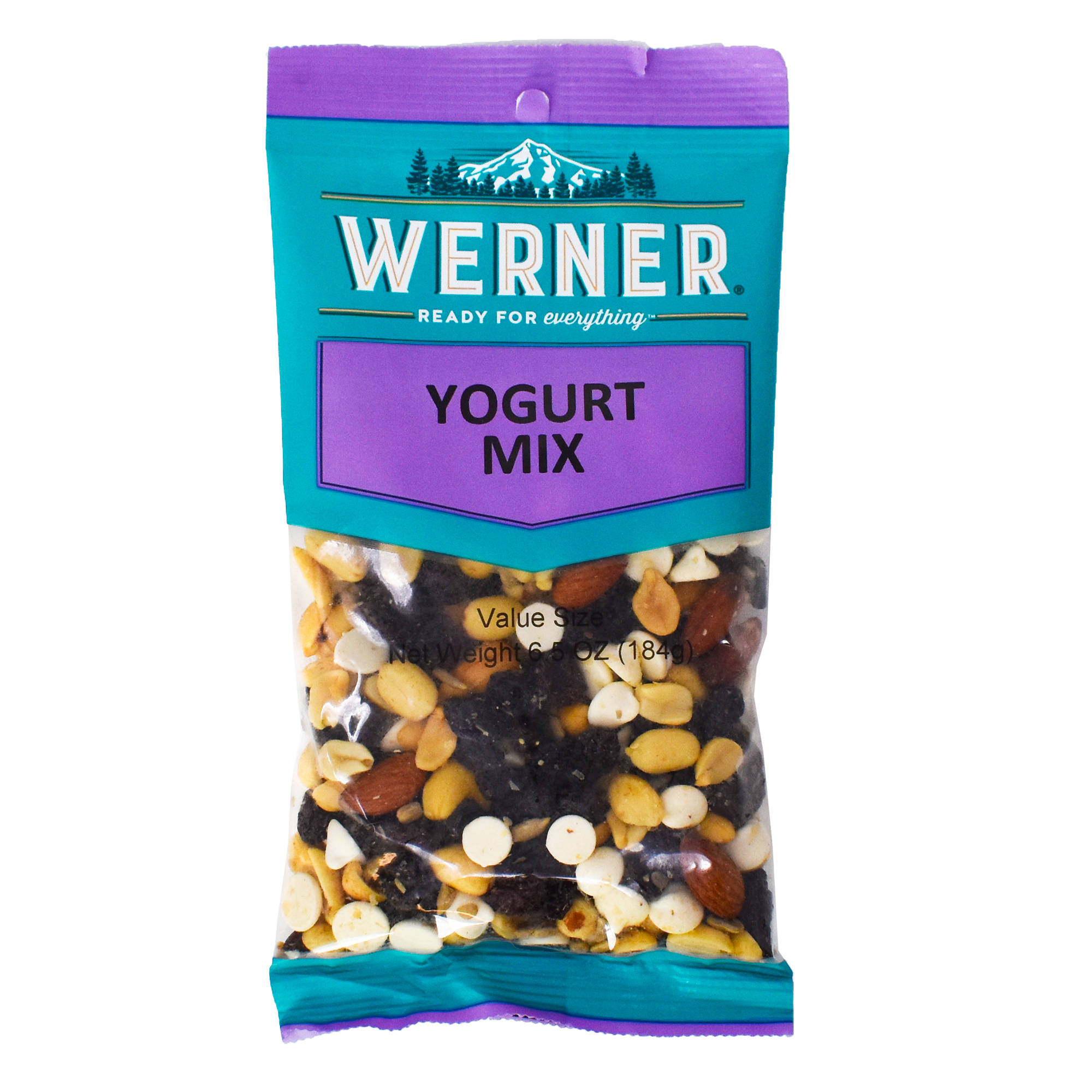 A package of Werner Yogurt Mix snack, showing a clear plastic window with the snack mix containing yogurt-coated raisins and various nuts.