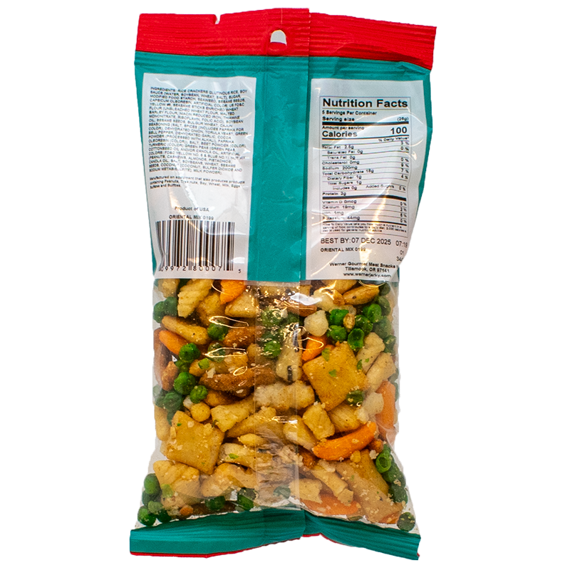 Snack mix in a transparent bag with a red and green label on a white background