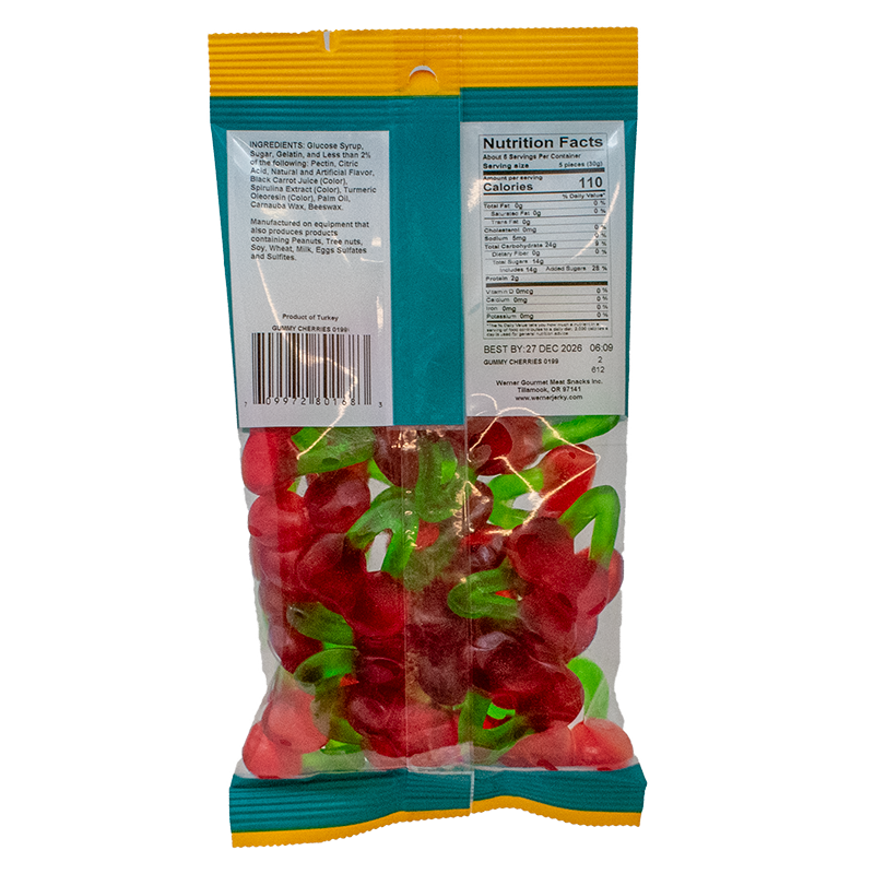 Packaged gummy candies with a blue and yellow label on a white background