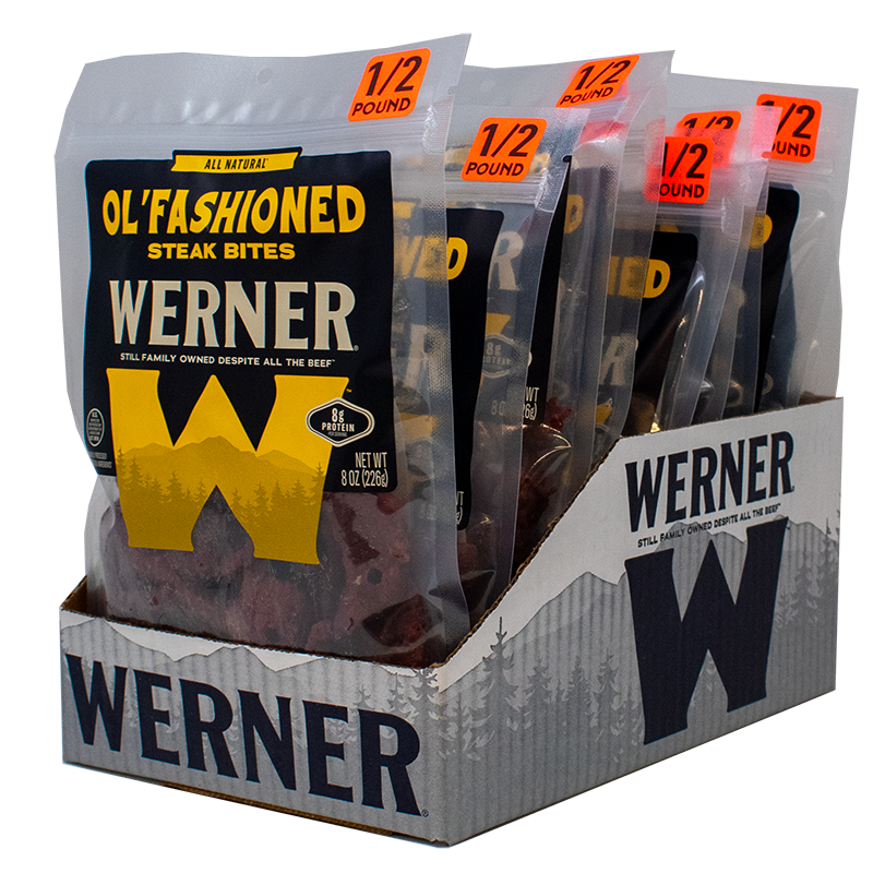 Display box of Werner Ol' Fashioned Steak Bites with packaging showing brand name.
