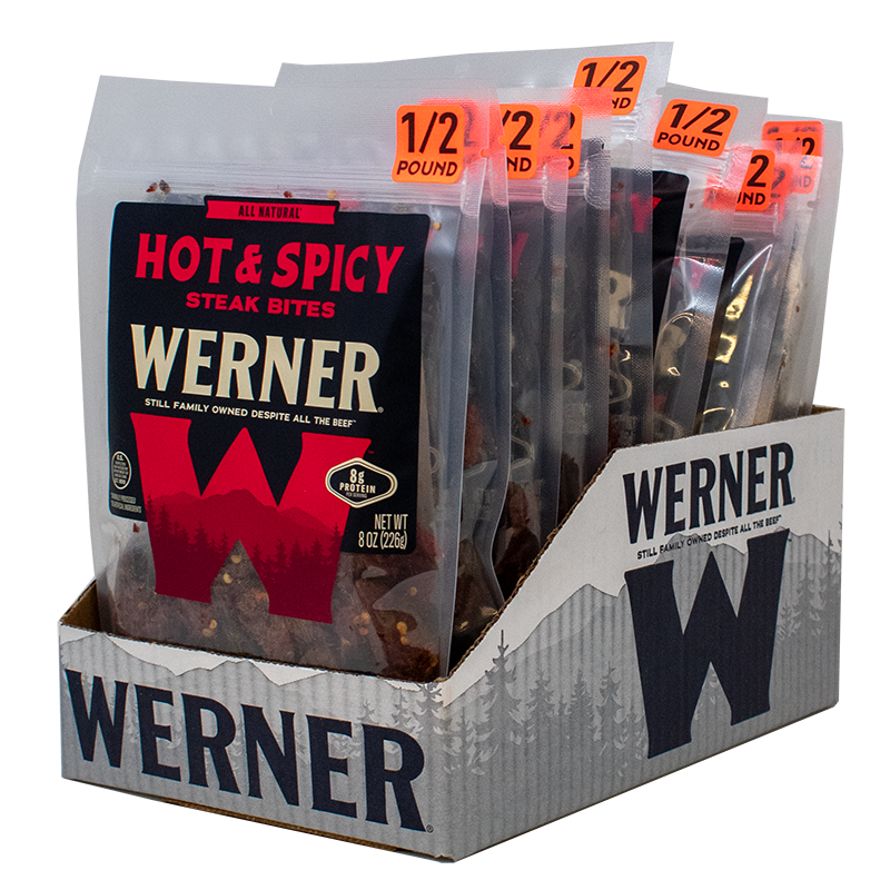 Display of Werner Hot & Spicy Steak Bites packaging with clear bags showing the product.
