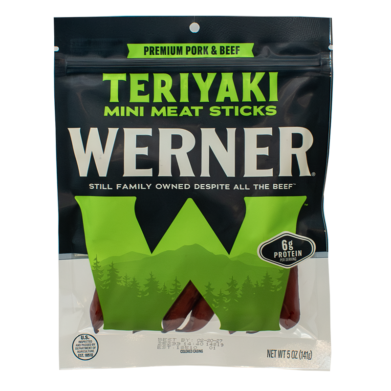 Packaging of Werner Teriyaki Mini Meat Sticks on a white background