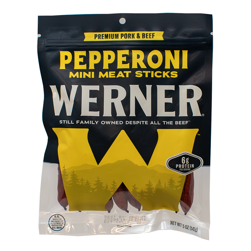 Packaging of Werner Pepperoni Mini Meat Sticks on a white background