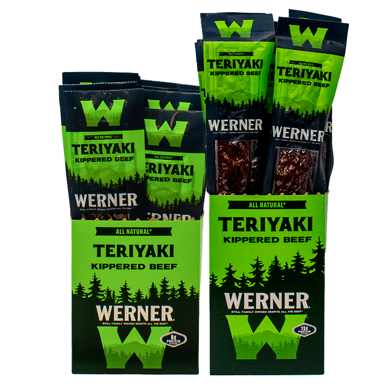 Werner Teriyaki Kippered Beef packages on a white background