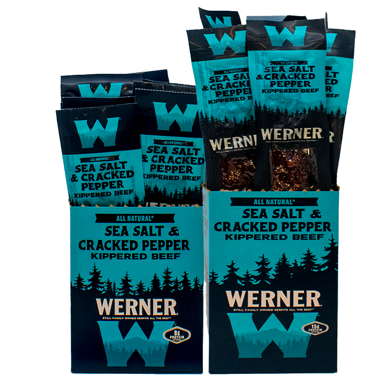Werner sea salt and cracked pepper kippered beef packages on a white background
