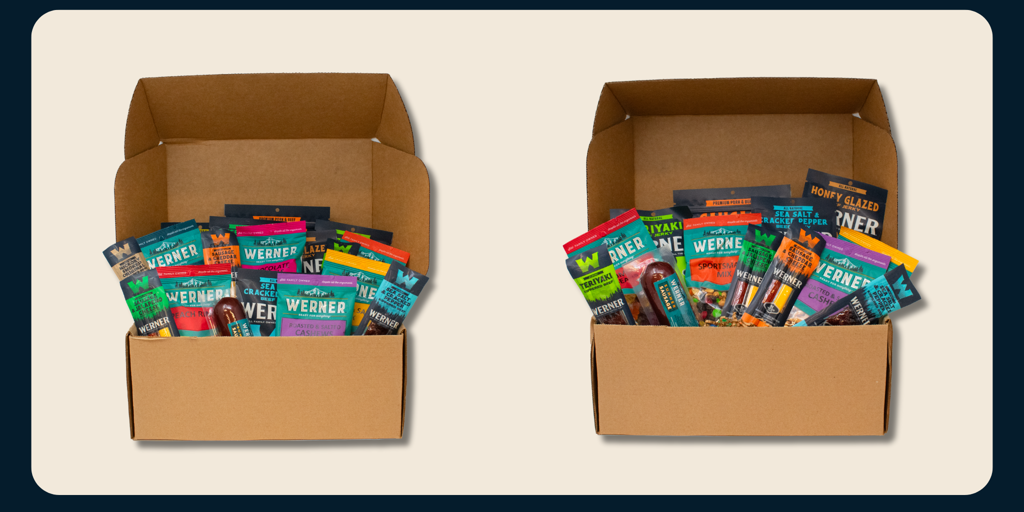 Two cardboard boxes filled with various jerky and snack packs on a beige background