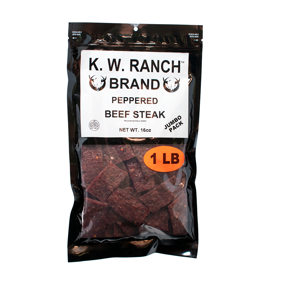 A bag of Werner Brand K.W. Ranch Beef jerky with clear window showing product.