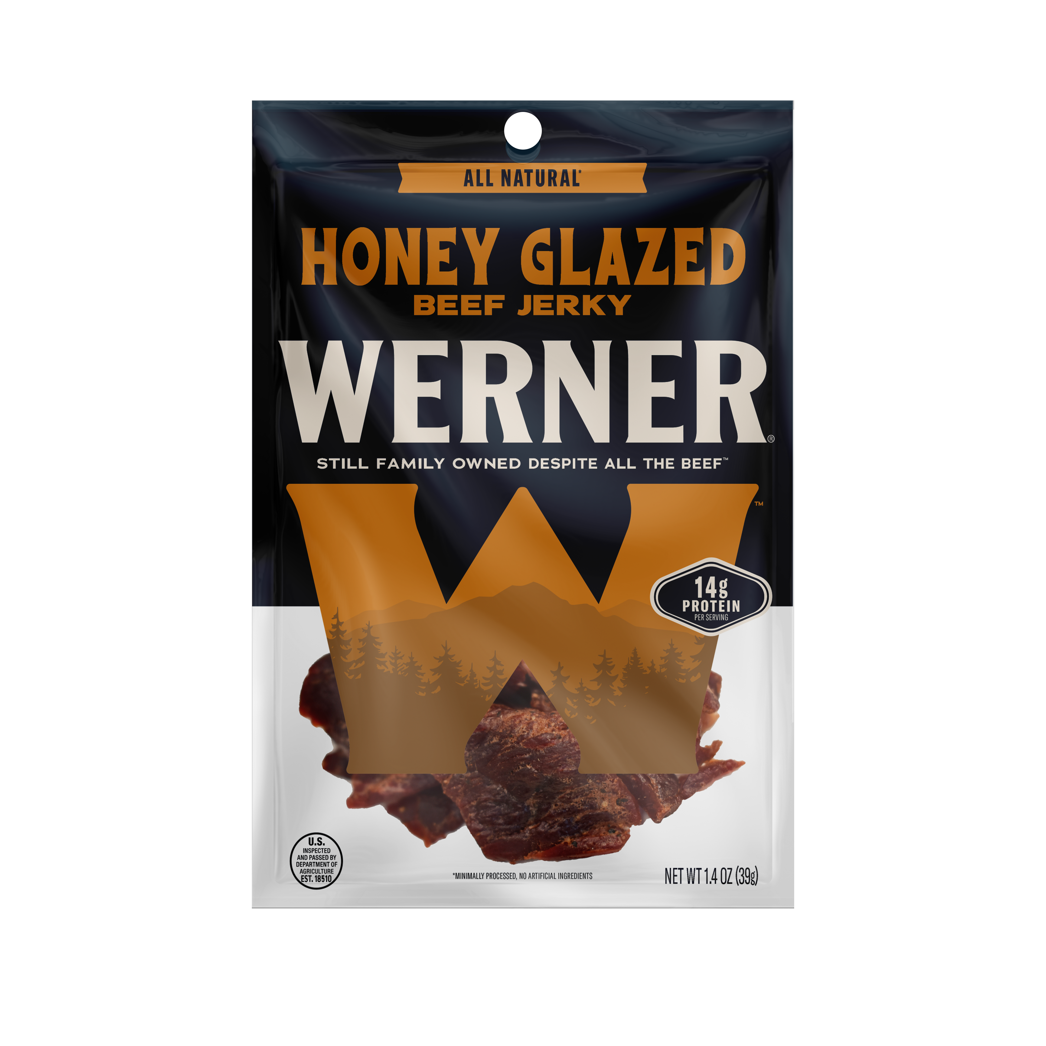 Packaging of Werner Honey Glazed Beef Jerky on a white background