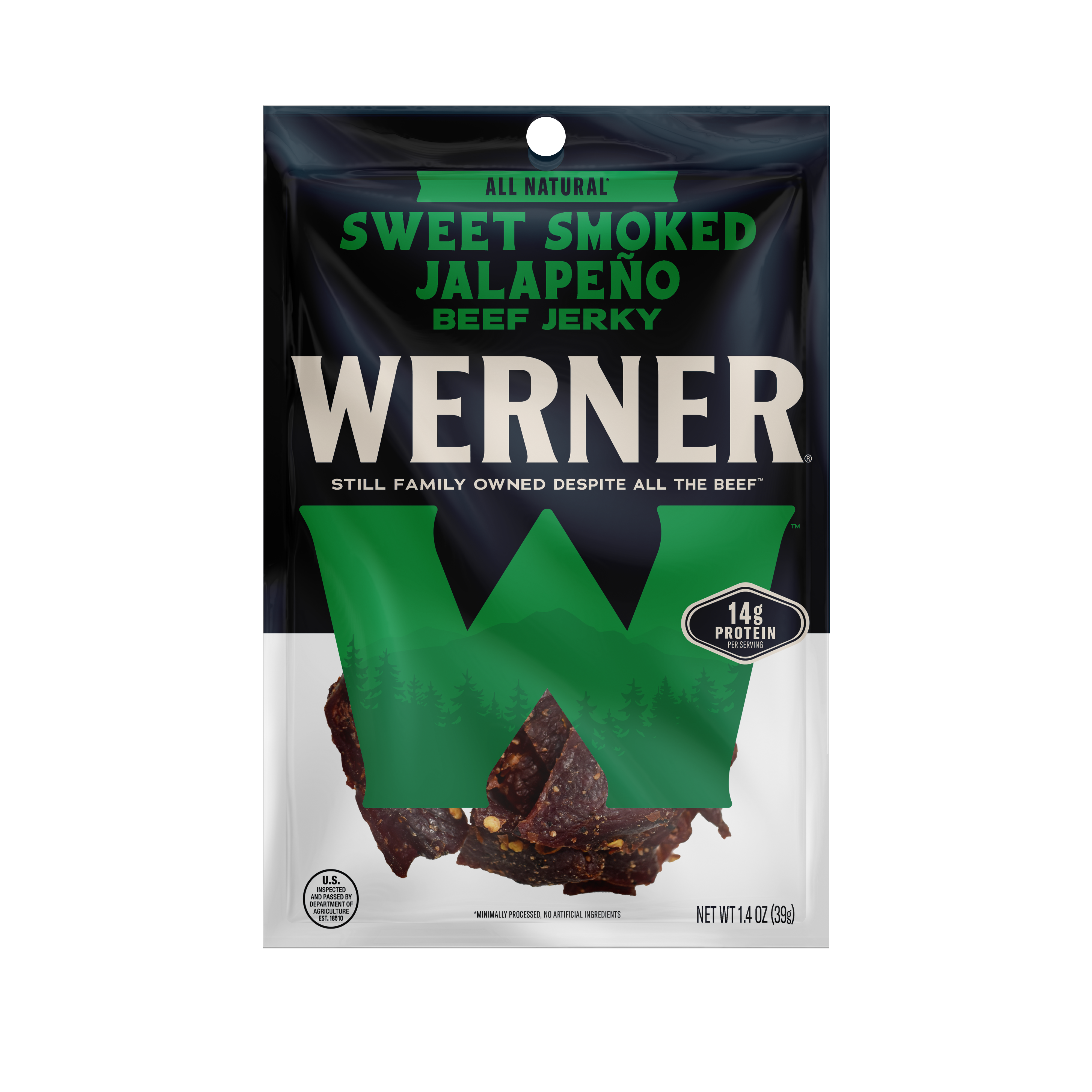Package of Werner Sweet Smoked Jalapeno Beef Jerky on a white background