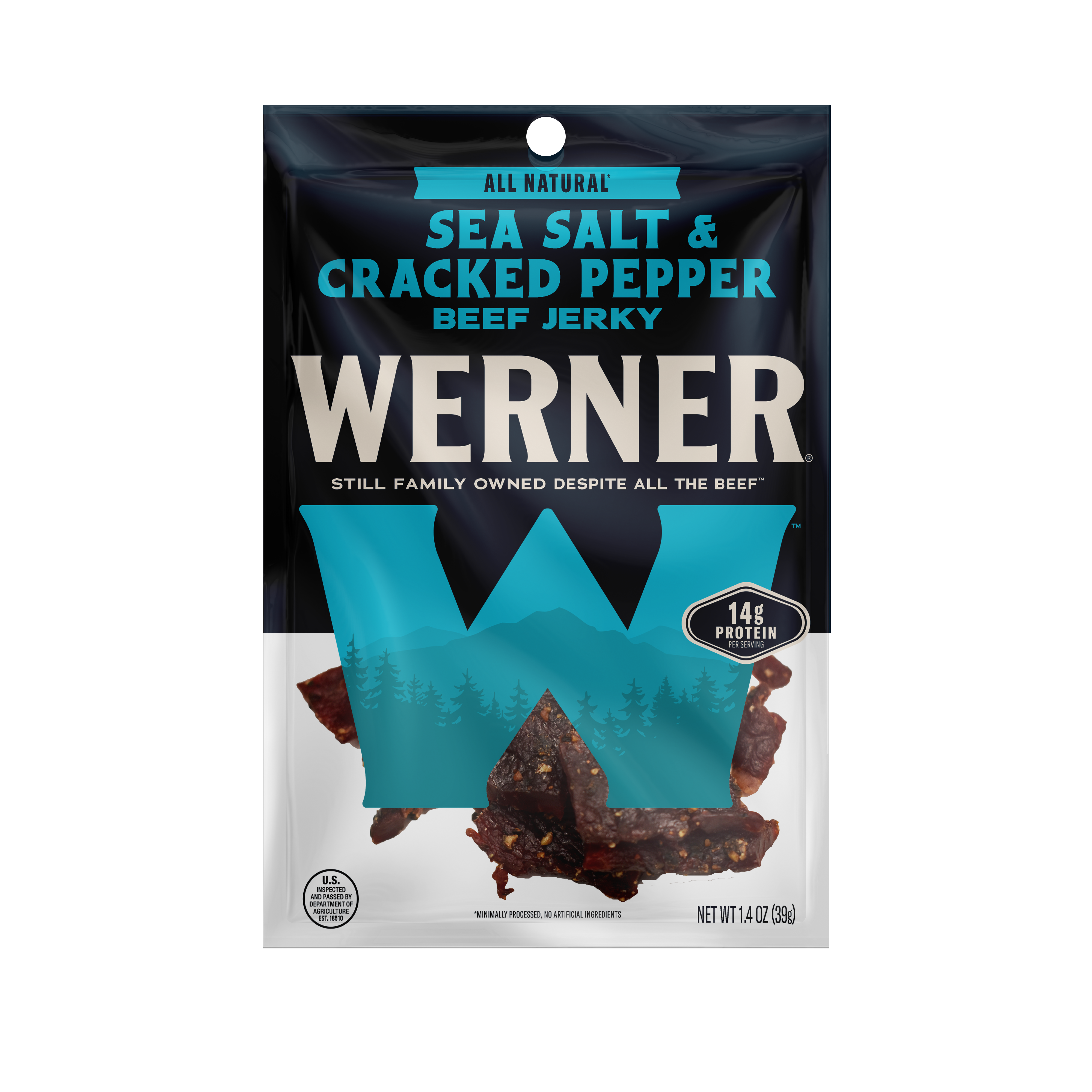 Werner sea salt and cracked pepper beef jerky package on a white background