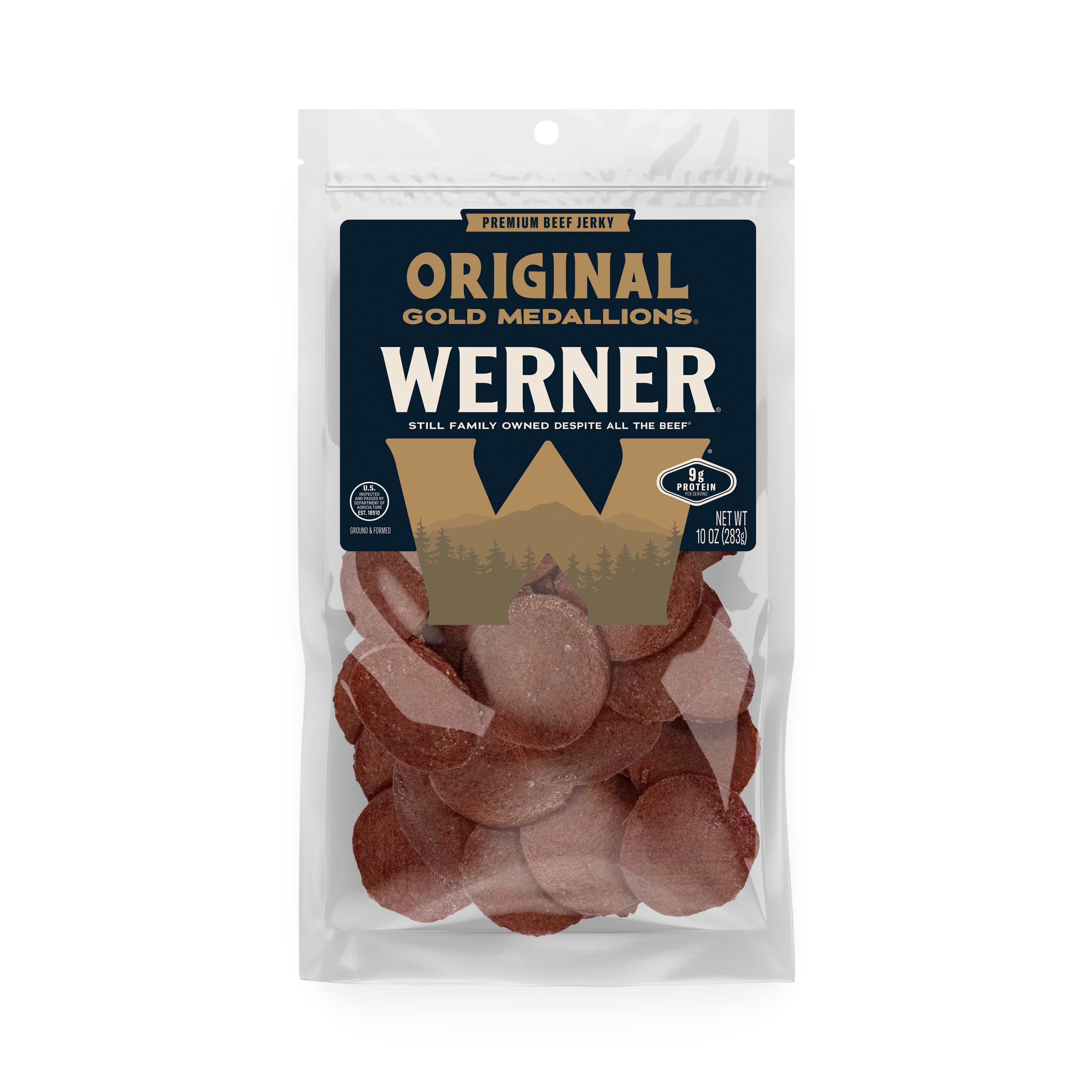A package of Werner Original Gold Medallions beef jerky, showing the clear plastic bag with the dark label and visible reddish-brown jerky slices inside, on a plain white background.