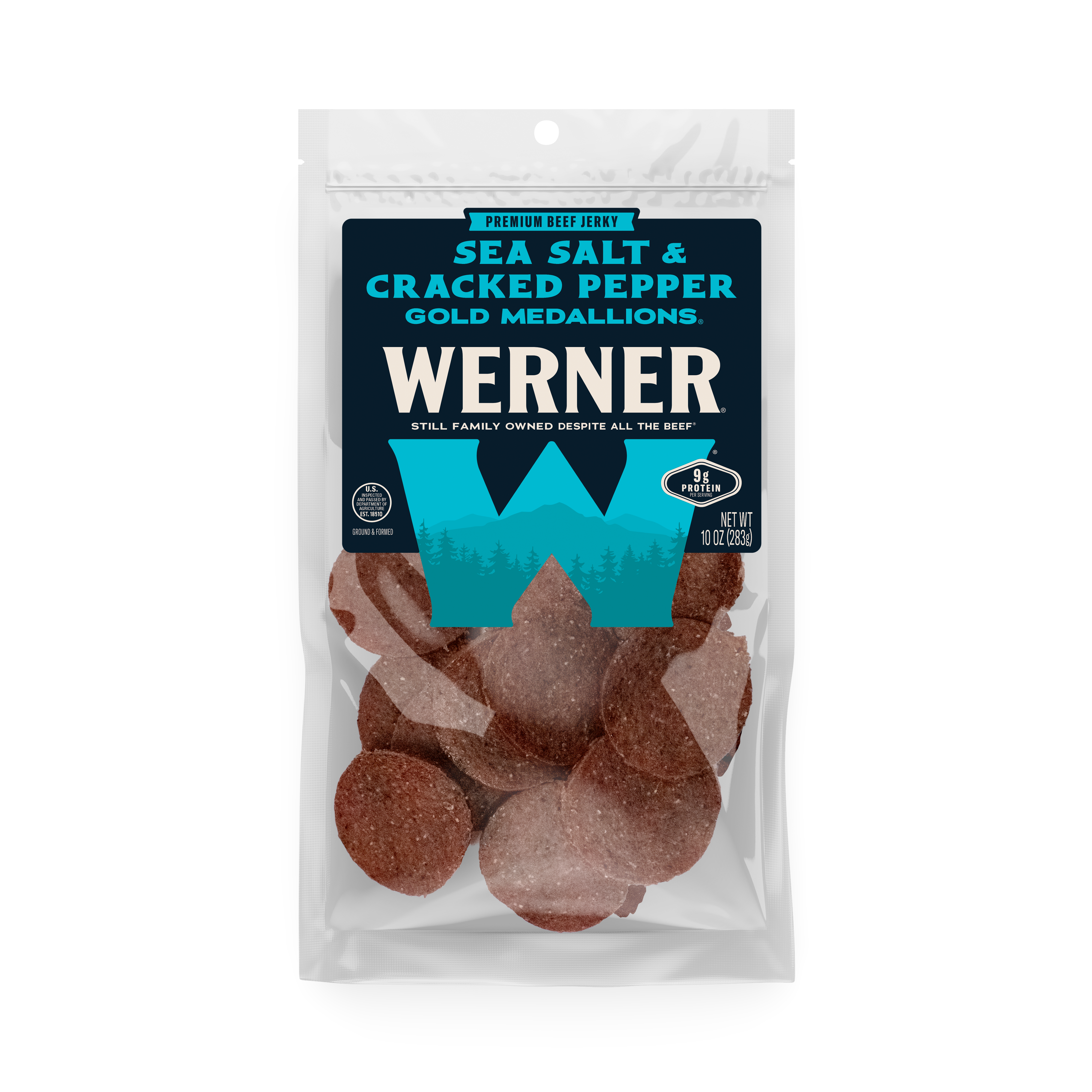 A package of Werner Sea Salt & Cracked Pepper Gold Medallions, showing the brown circular beef medallions visible through a clear plastic bag with a dark blue and teal label.