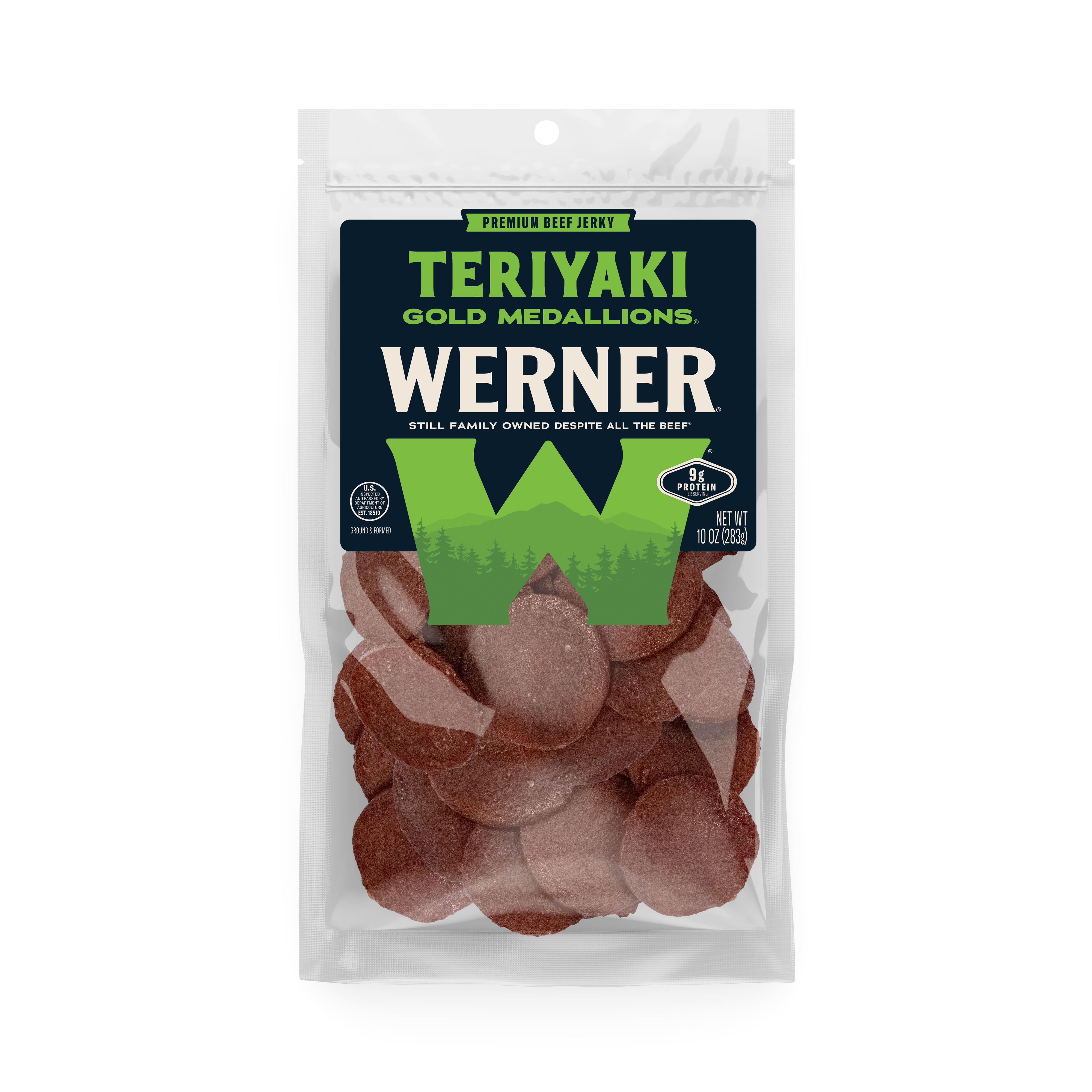 A package of Werner Teriyaki Gold Medallions beef jerky, showing the round reddish-brown jerky pieces visible through a clear plastic bag with a dark green and black label.
