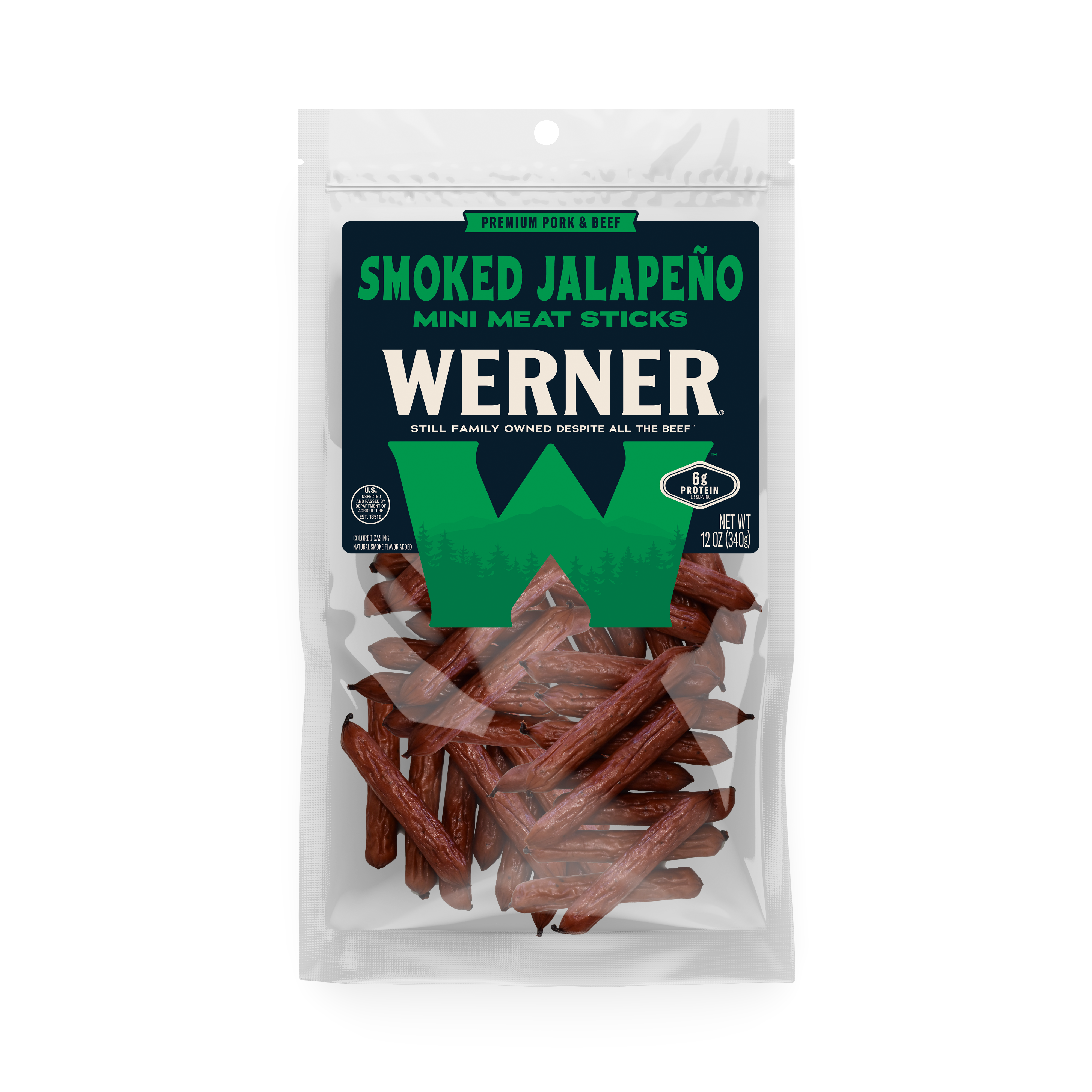 Packaged smoked jalapeño mini meat sticks with Werner branding on a white background