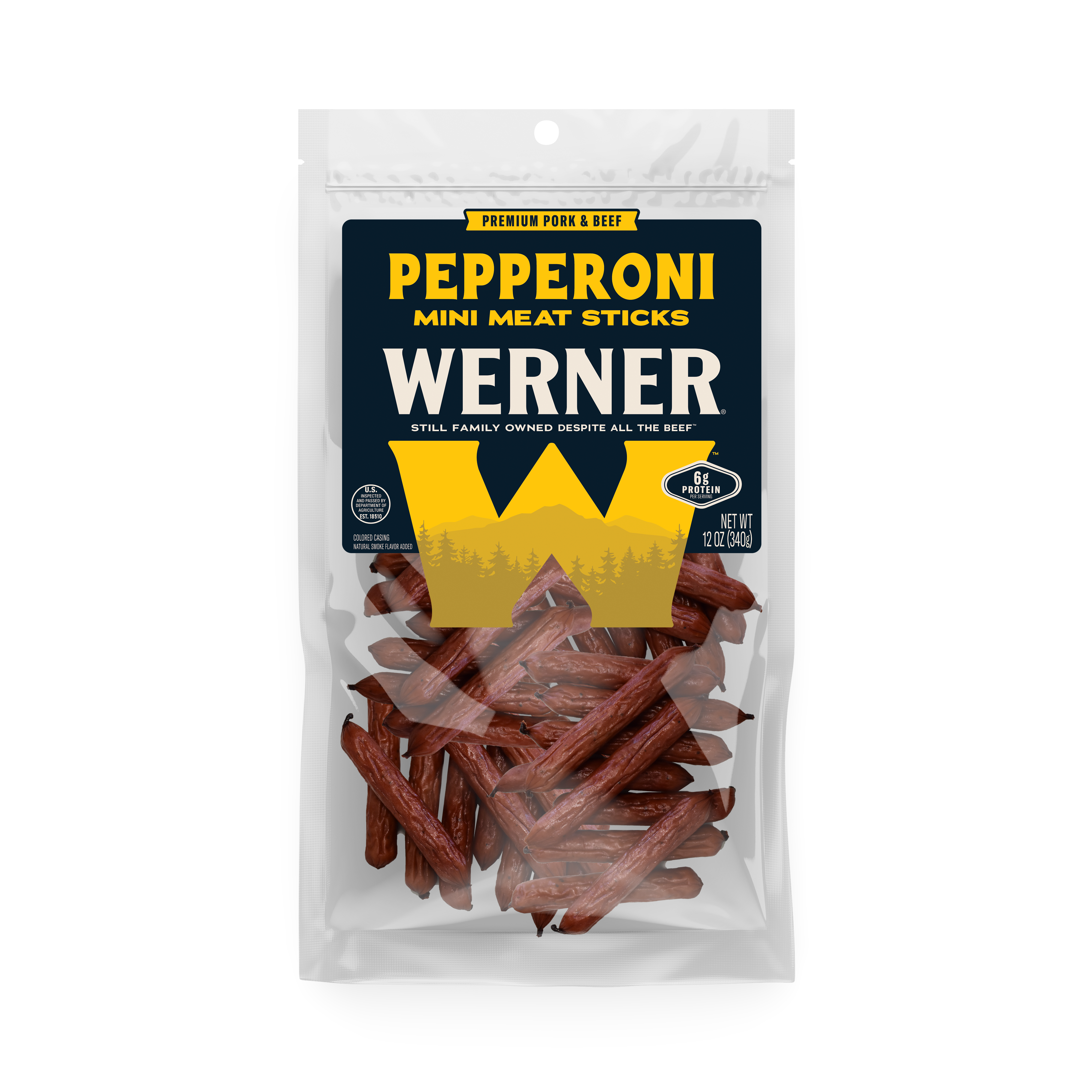 Packaged pepperoni mini meat sticks with Werner branding on a white background