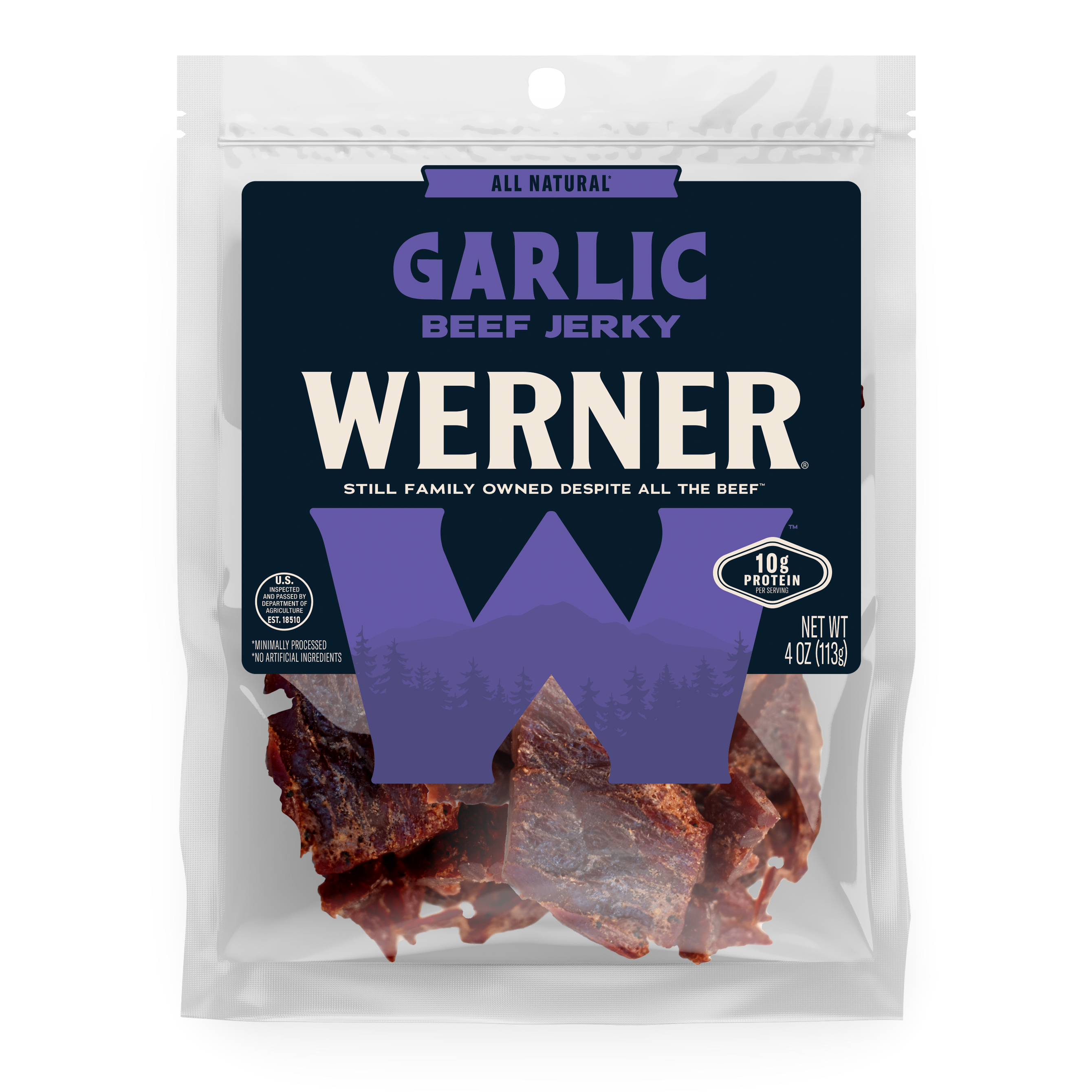 Package of Werner Garlic Beef Jerky on a white background