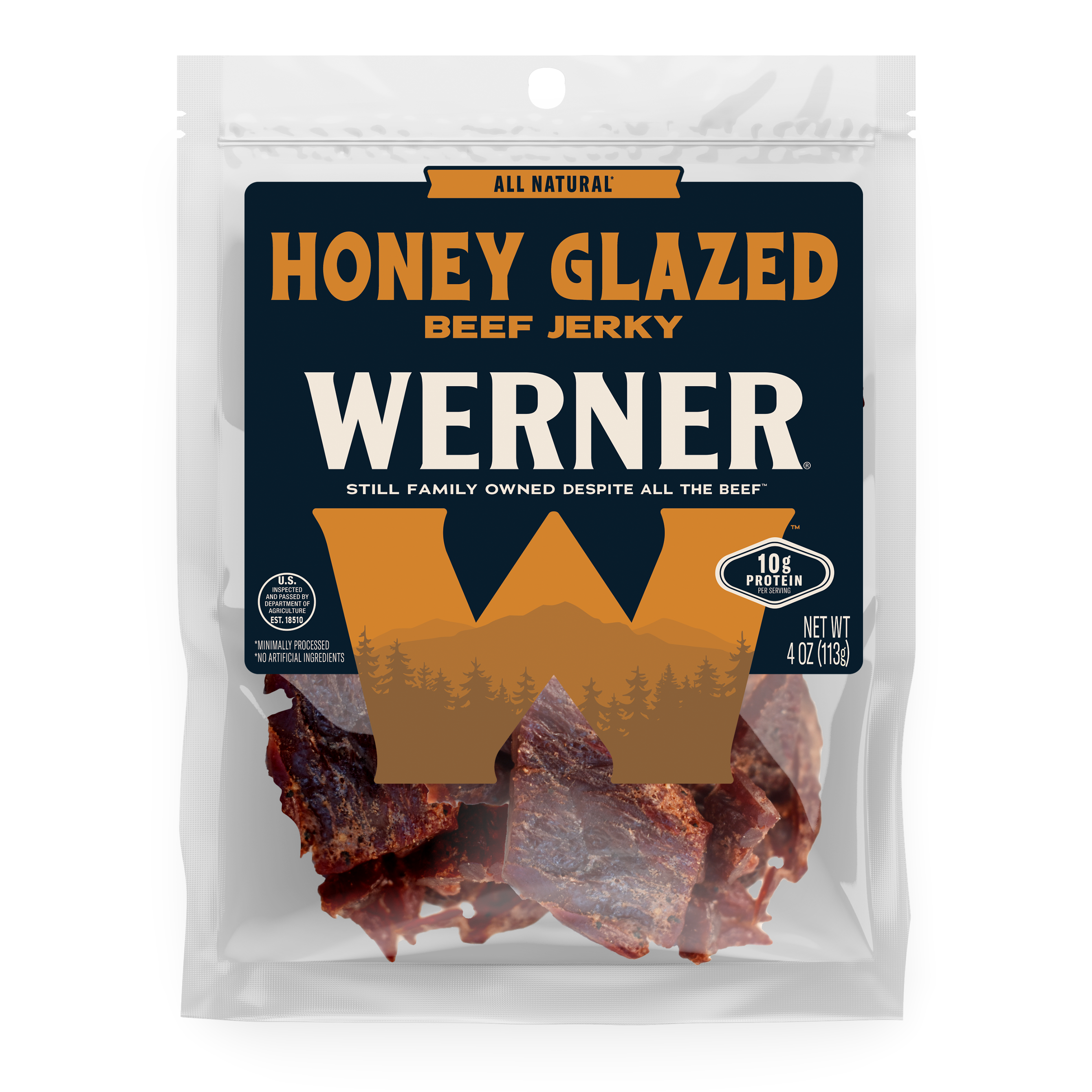 Packaged honey glazed beef jerky with Werner branding on a white background